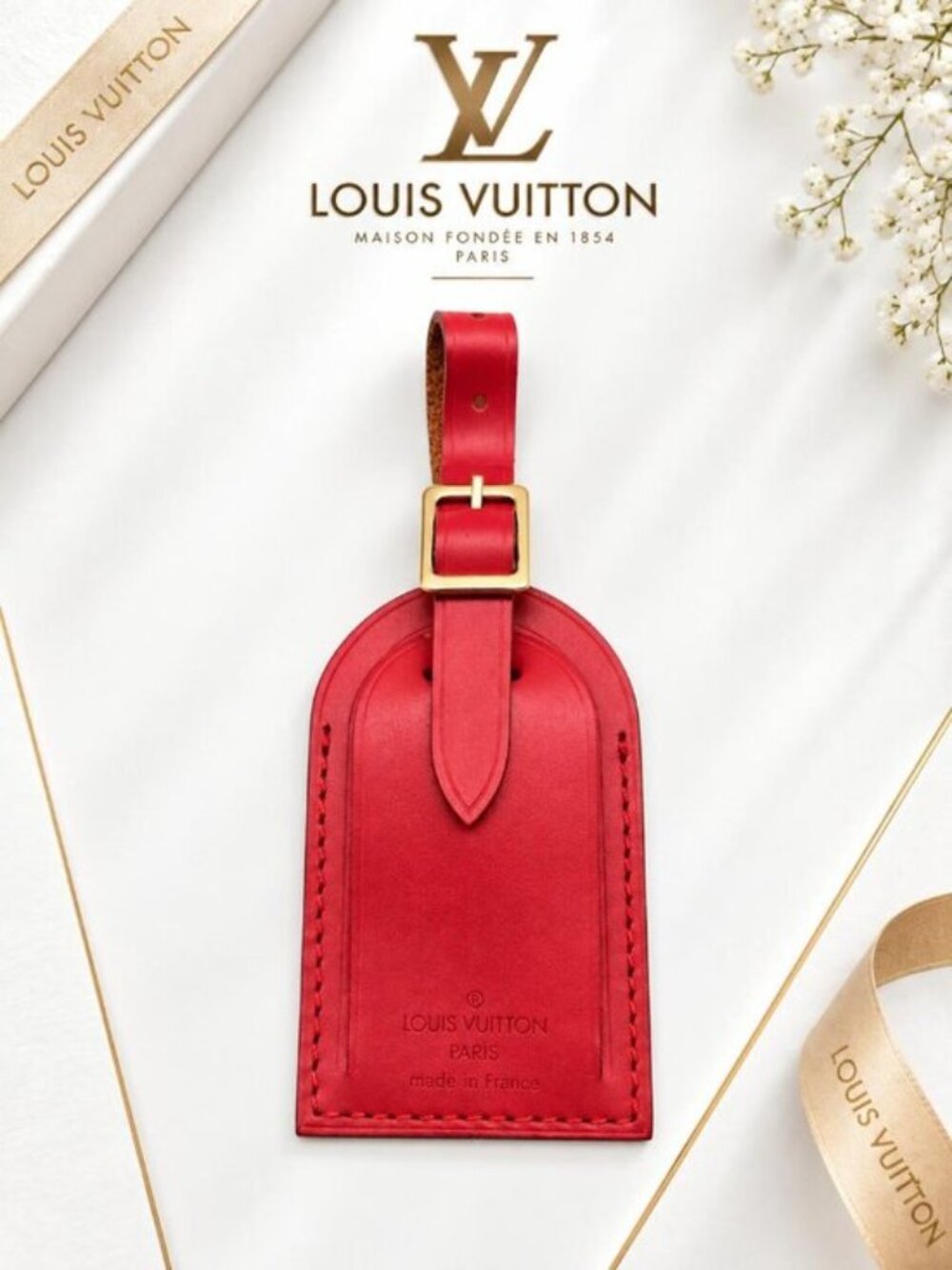 Authentic Louis Vuitton Red Leather Luggage Tag